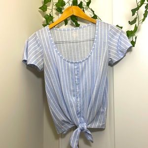 SO Relaxed Blue and White Striped Henley Tie Blouse in size XXS
